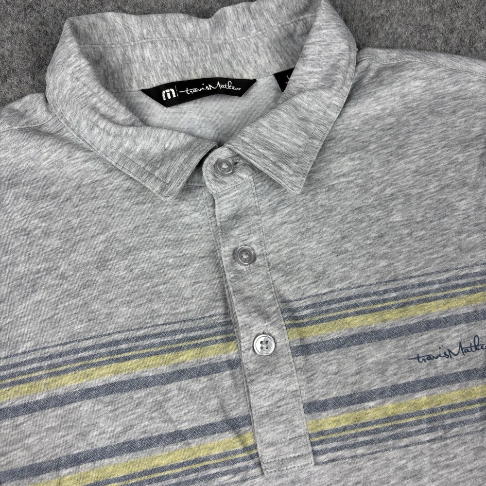 Travis Mathew Polo Shirt Mens Large Gray Short Sleeve Golf‎ Casual Logo Striped